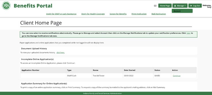Screenshot of the Client Home Page on the FSSA Benefits Portal